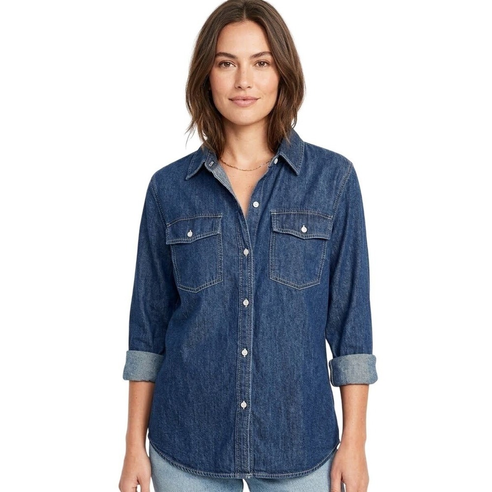 Dark Wash Western Denim Look Button Down Shirt Long Sleeve | XL